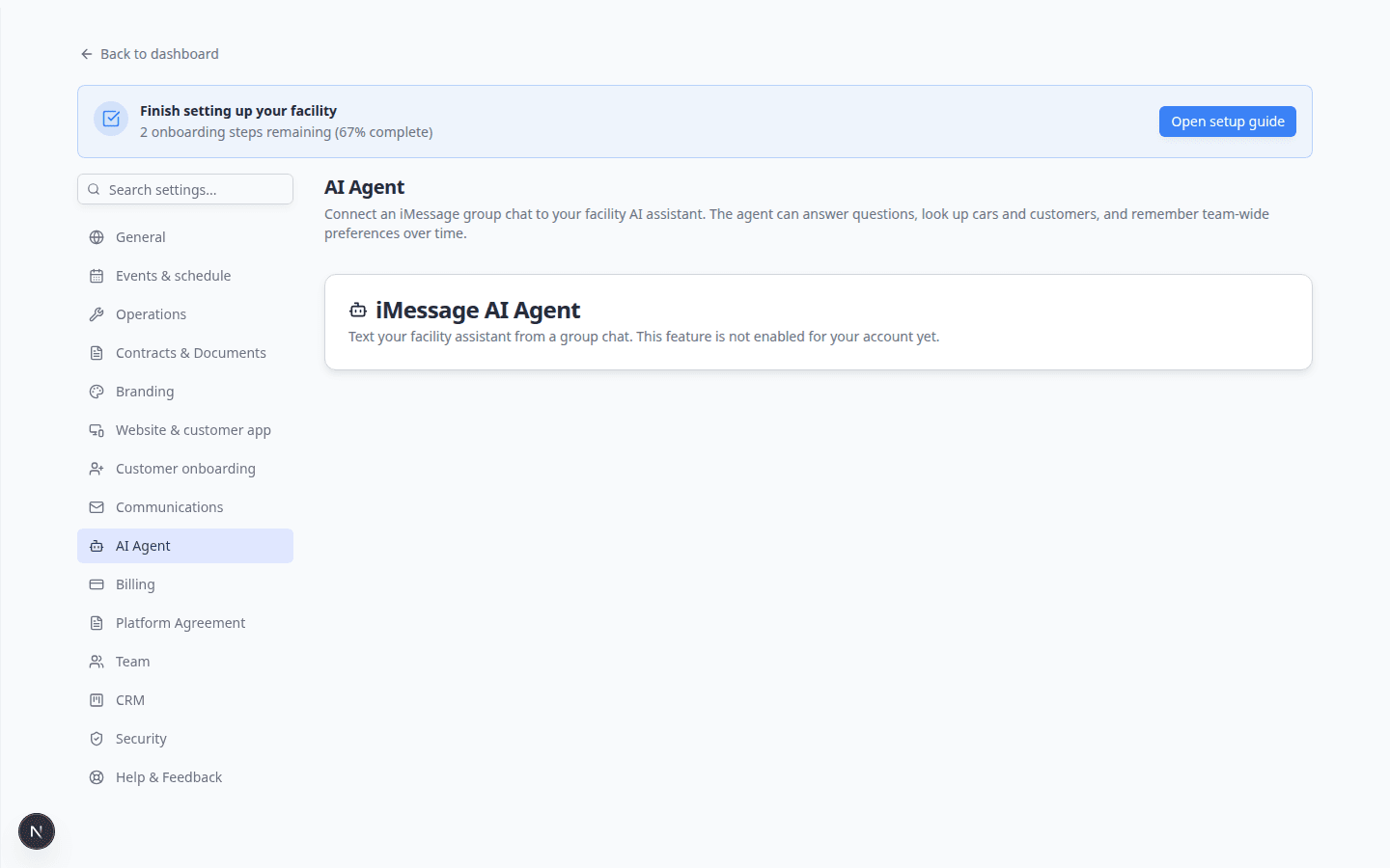Settings AI Agent page showing iMessage AI Agent feature description and team setup cards
