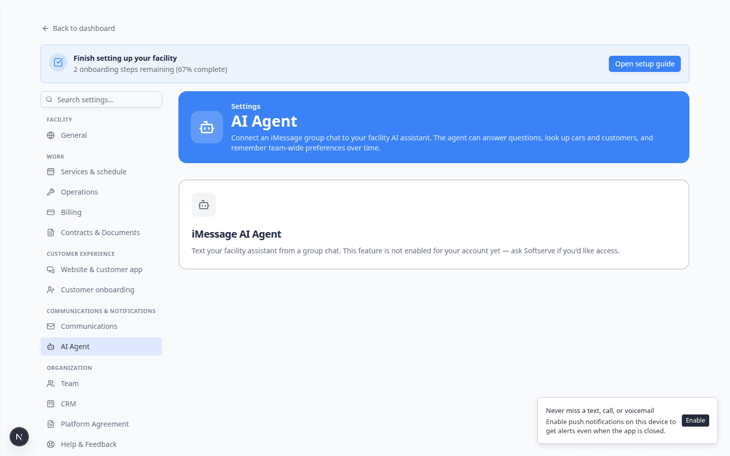 Settings AI Agent page showing iMessage AI Agent feature description and team setup cards