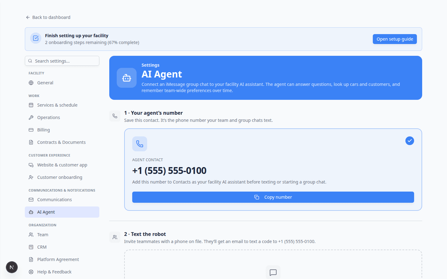 AI Agent settings showing step 2 Text the robot with teammate invite cards