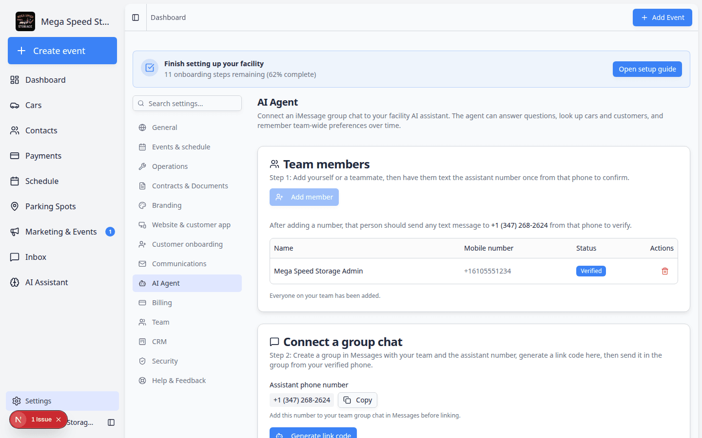AI Agent settings Team members table showing verified mobile numbers and Verified status badges
