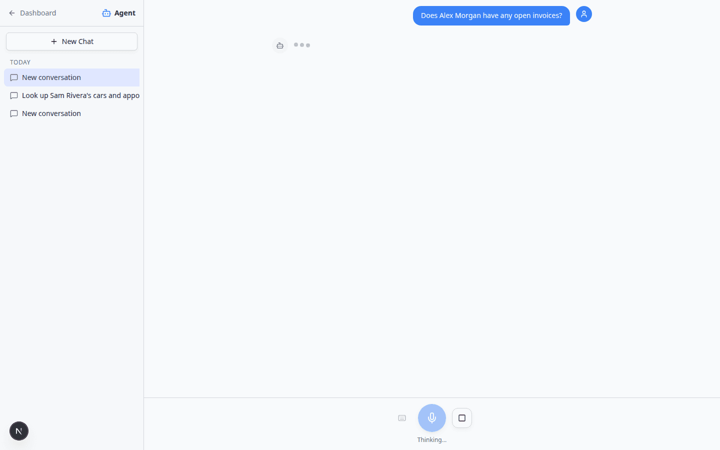 AI Assistant answering a question about whether Alex Morgan has open invoices, with the customer contact card shown below the reply