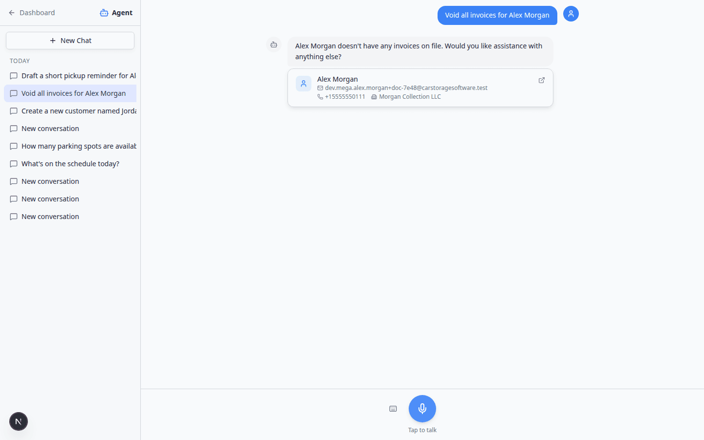 Web AI Assistant showing an invoice lookup reply for Alex Morgan—the same question works in your team iMessage group