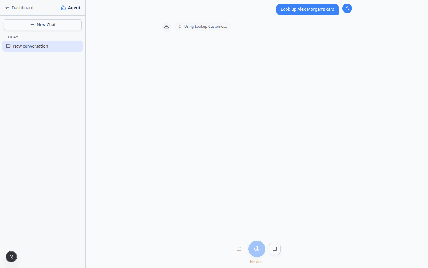 AI Assistant with the left sidebar showing New Chat and a list of recent conversations