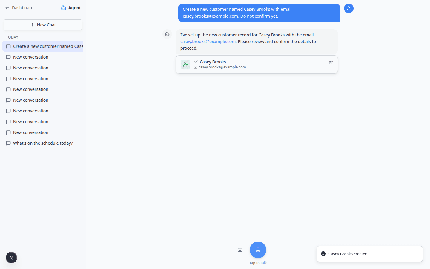 Agent chat after confirming a proposal showing a green success card and created notification