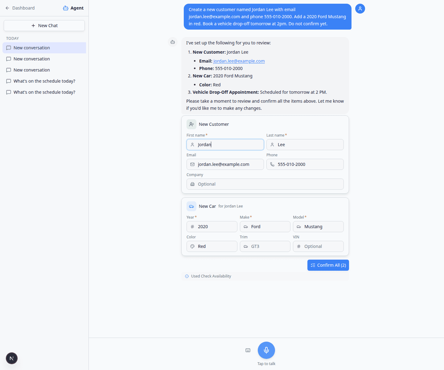 AI Assistant proposal cards with an edited first name field and Confirm All button visible