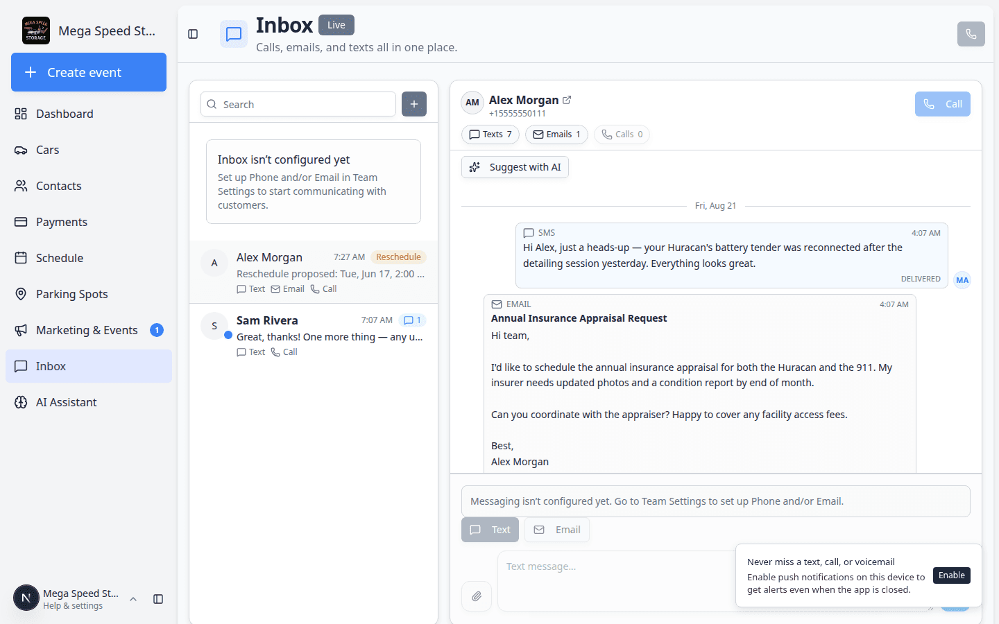 Inbox conversation with Suggest with AI button and a drafted reply ready to edit before sending