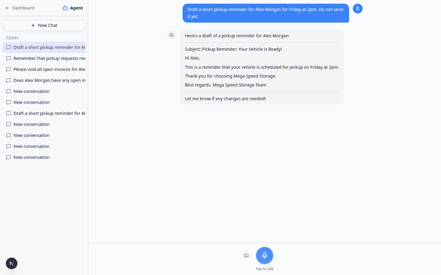 AI Assistant showing a drafted pickup reminder email with subject line and body text for Alex Morgan