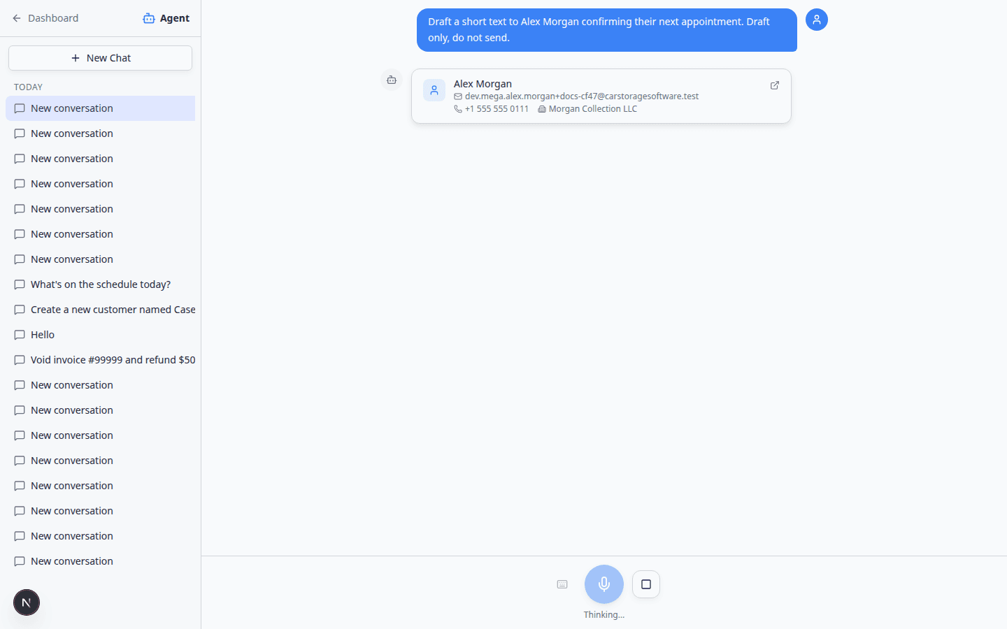 Agent chat showing a drafted pickup reminder message for Alex Morgan that staff can copy into Inbox