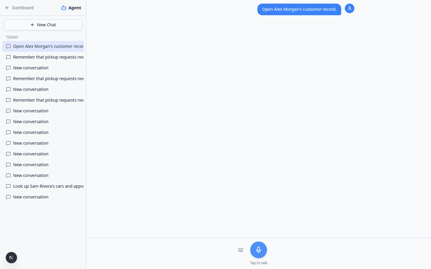 AI Assistant showing a Go now navigation bar offering to open Alex Morgan's customer record