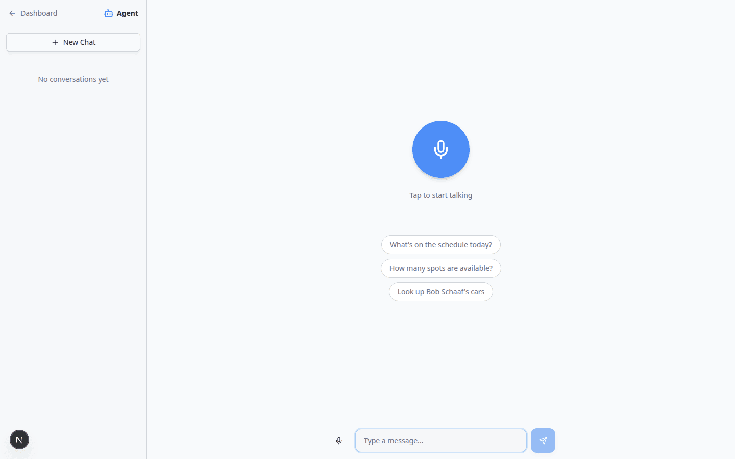 AI Assistant start screen with plus New Chat button, voice orb, and suggested question chips for schedule and parking