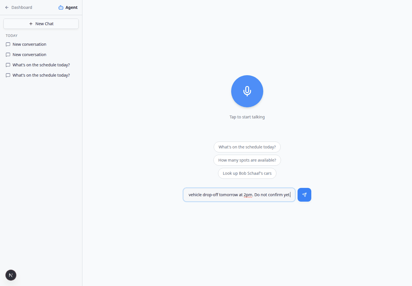 AI Assistant chat showing a long user message to create a customer, car, and drop-off appointment before the assistant responds