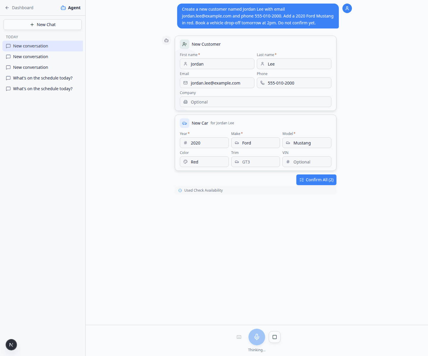 AI Assistant showing New Customer and New Car proposal cards with a Confirm All button