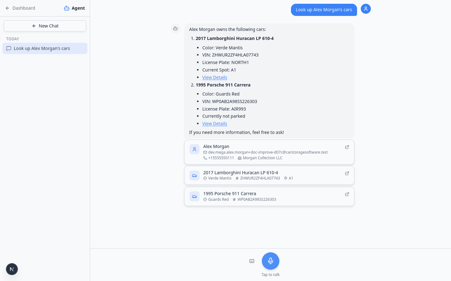 AI Assistant showing vehicle results for a customer lookup