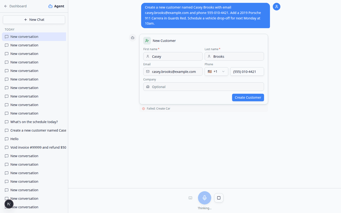 AI Assistant showing New Customer and New Car proposal cards with Confirm All button