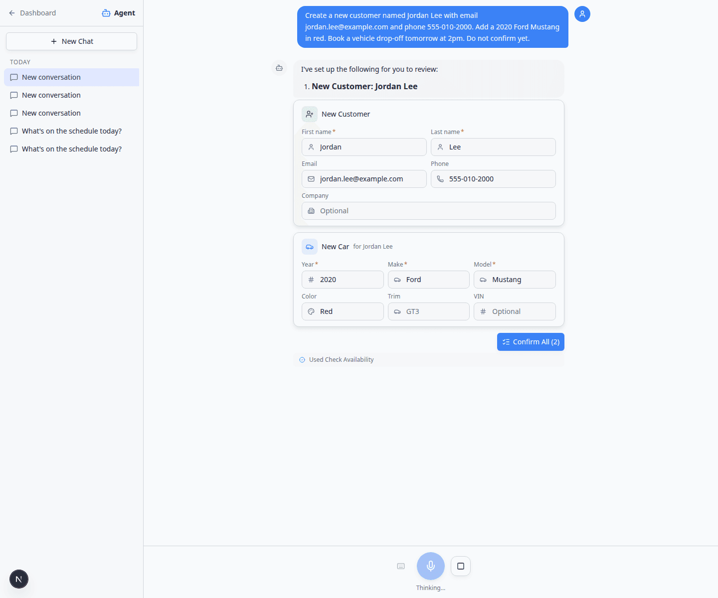 AI Assistant showing New Customer and New Car proposal cards with Confirm All button