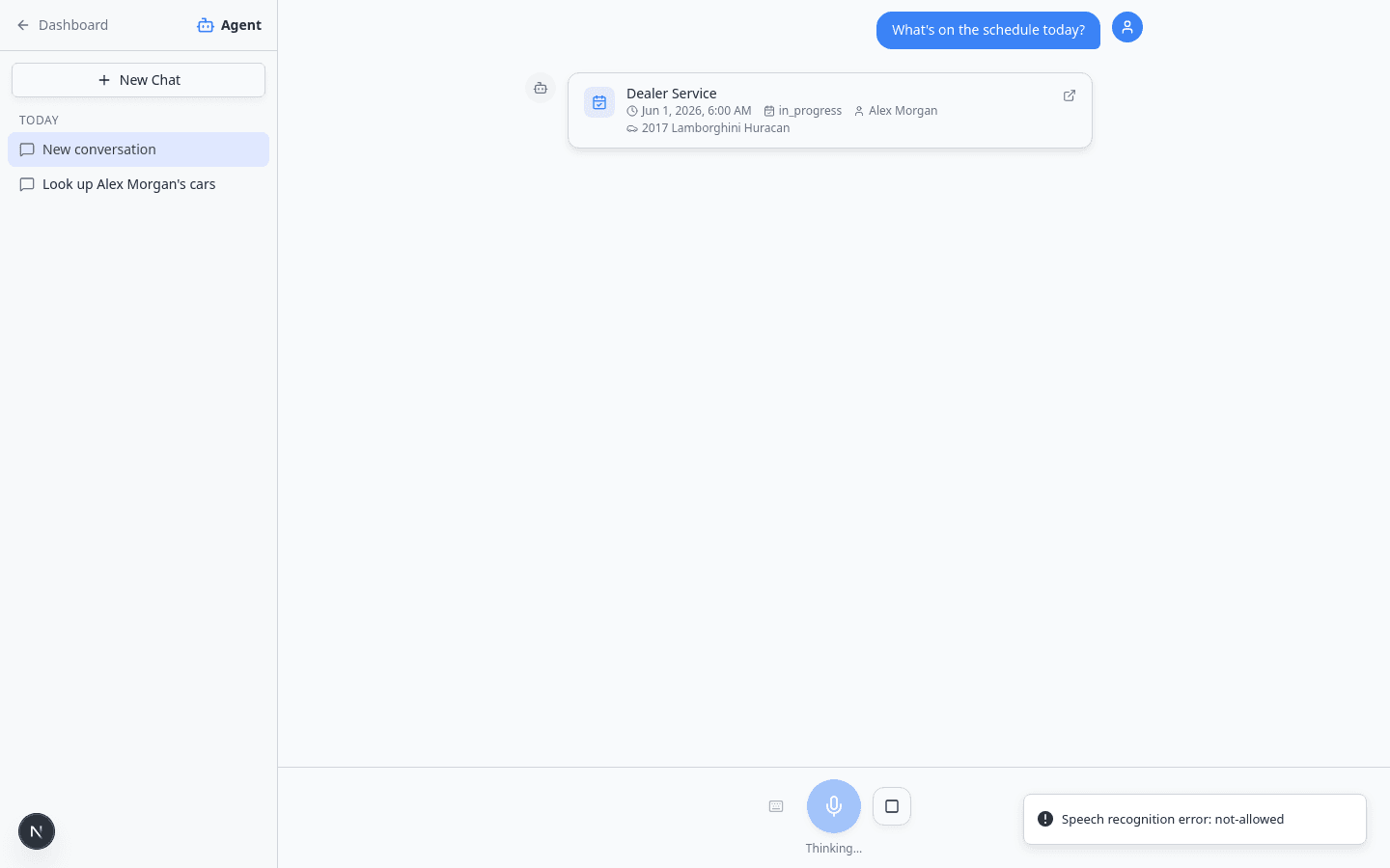 AI Assistant showing a response about today's scheduled appointments and events