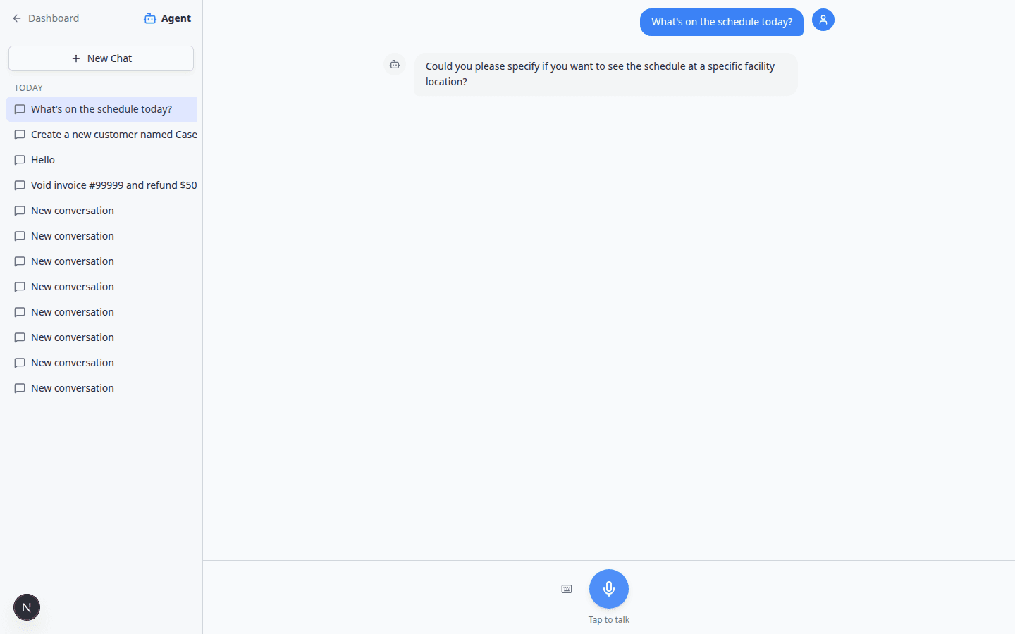 AI Assistant showing a response about today's scheduled appointments and events