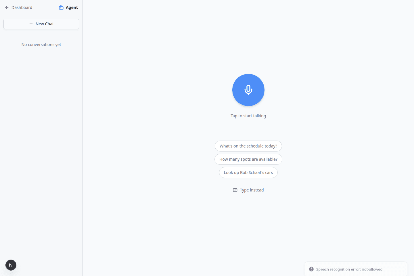 AI Assistant start screen with microphone, suggested questions, and Type instead option