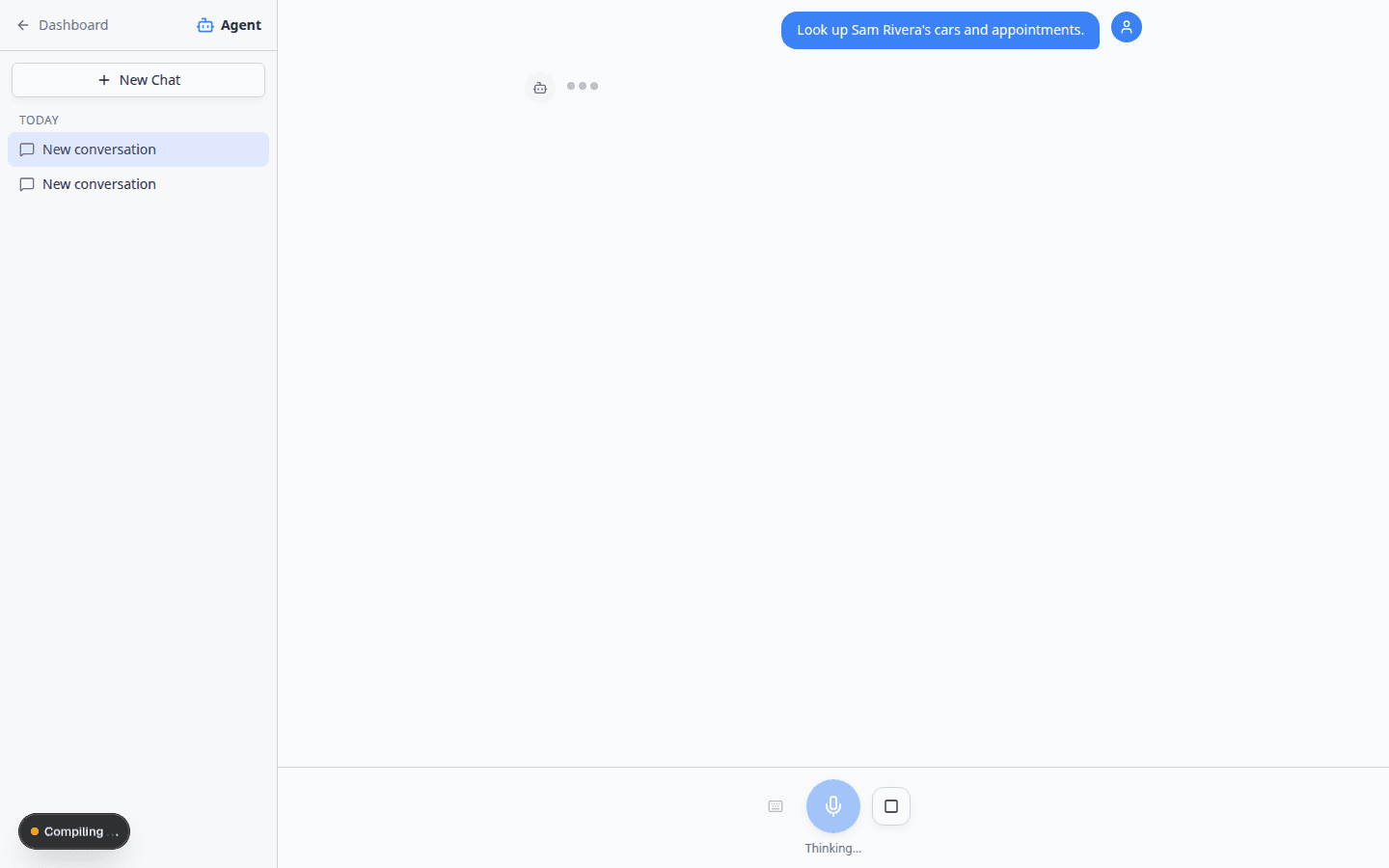 AI Assistant showing Thinking status while looking up a customer during a phone call