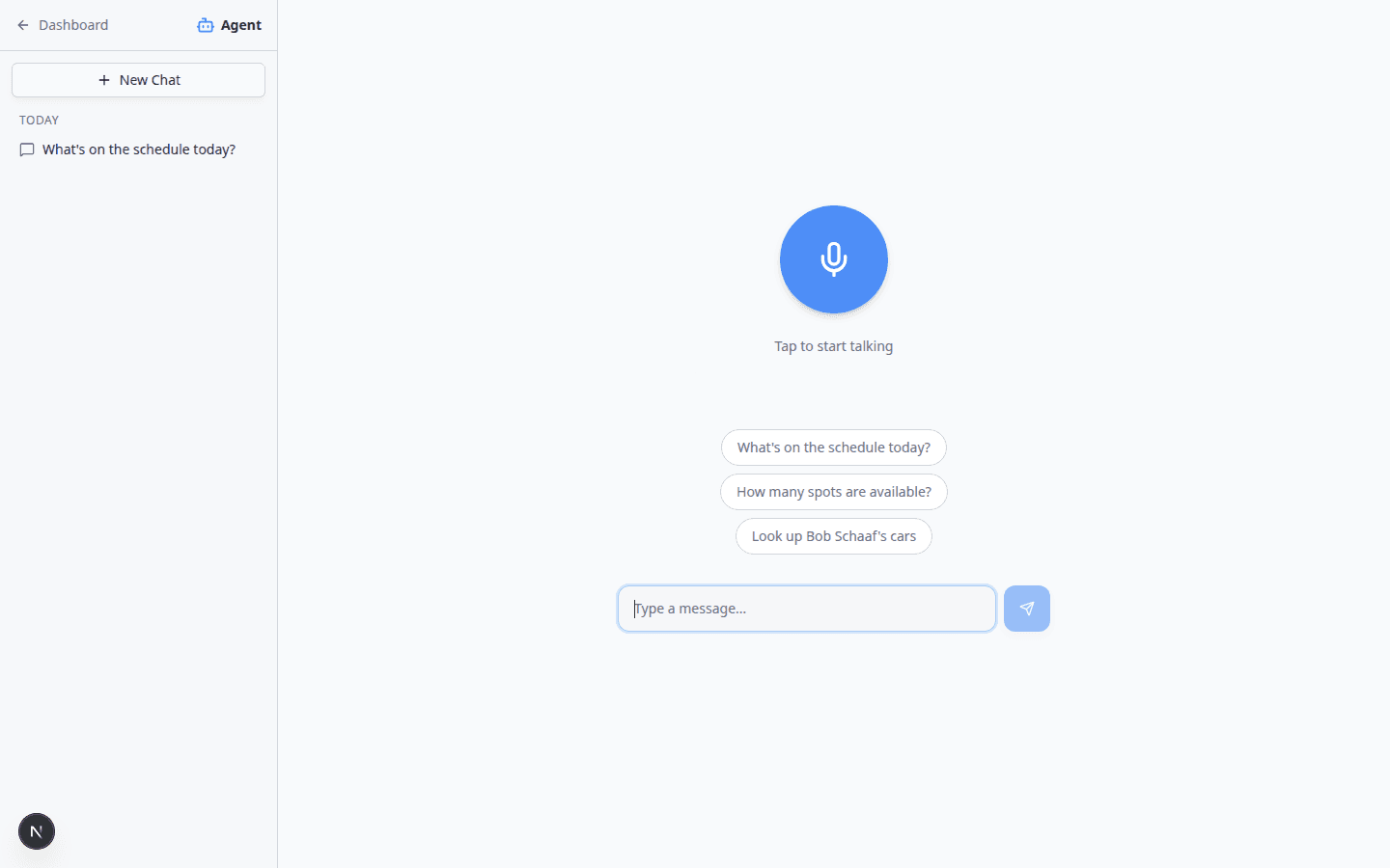 AI Assistant start screen with Type a message field open at the bottom