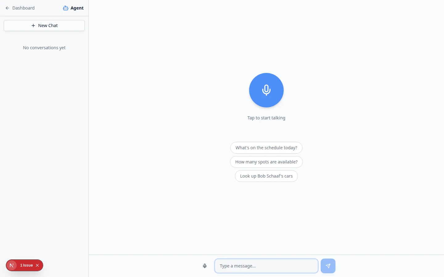 AI Assistant page showing voice orb and suggestion chips for schedule and parking questions