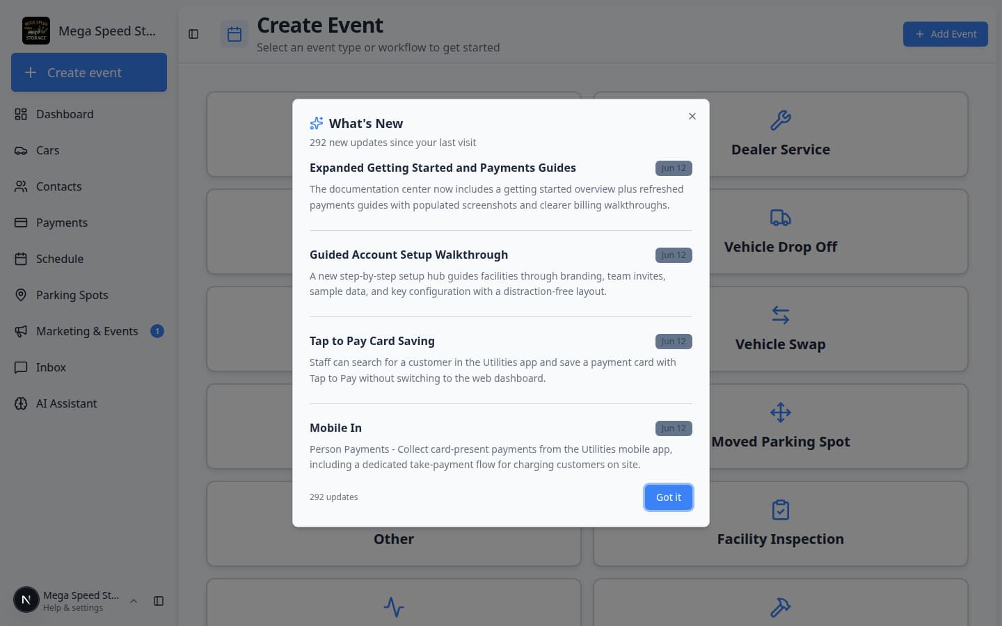 Create event home page showing Mega Speed Storage in the sidebar and a grid of event type cards