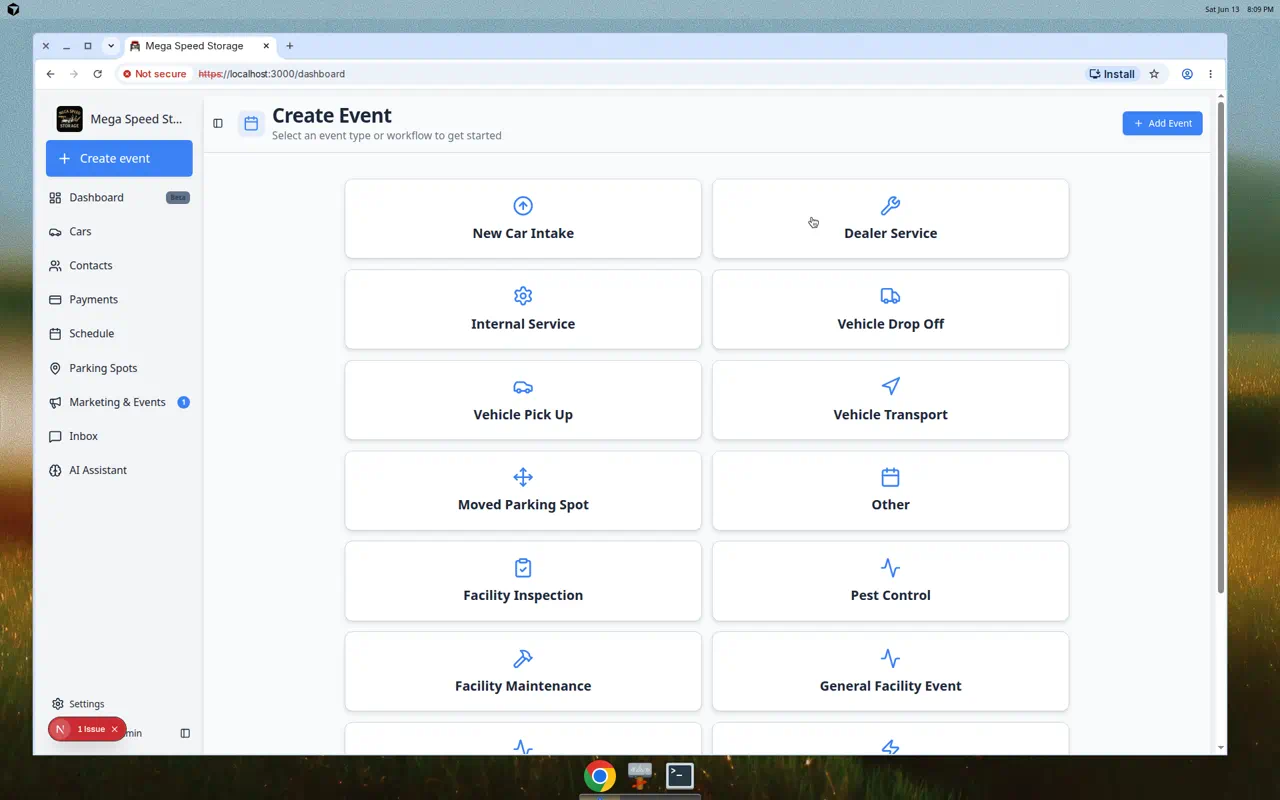 Create event home page showing Mega Speed Storage in the sidebar and a grid of event type cards such as Vehicle Drop Off and Vehicle Pick Up