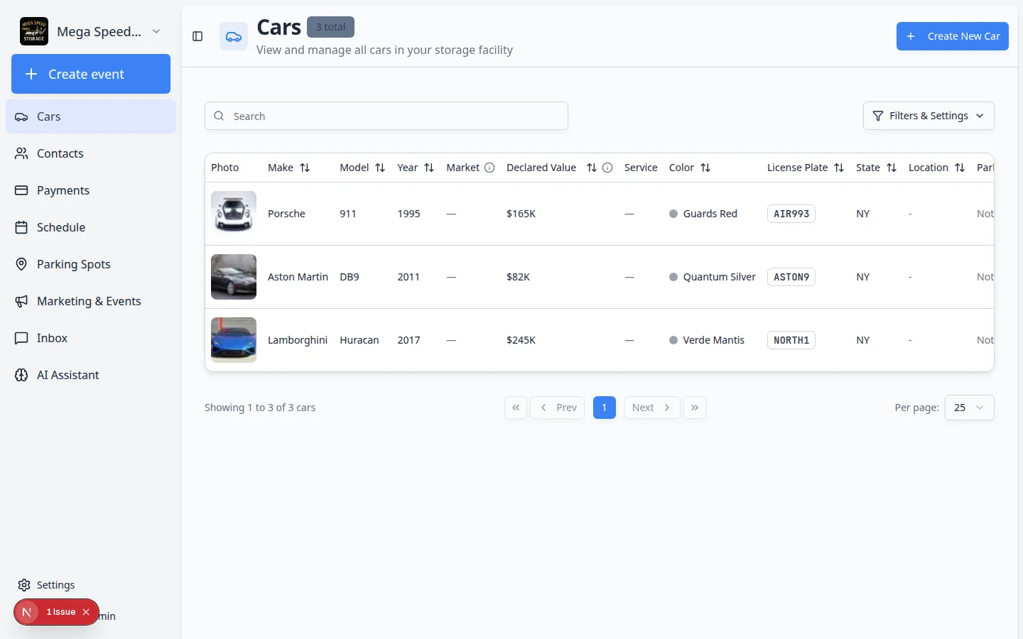 Cars page showing a table of vehicles with search, filters, and Create New Car button