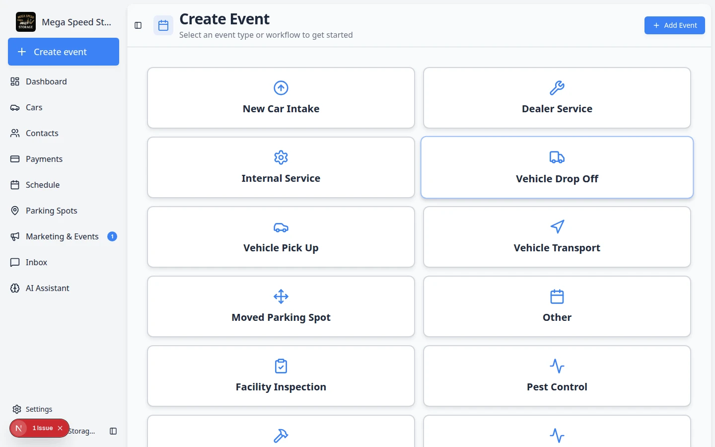 Create event page showing a grid of large event type cards such as Vehicle Drop Off, Dealer Service, and Vehicle Pick Up