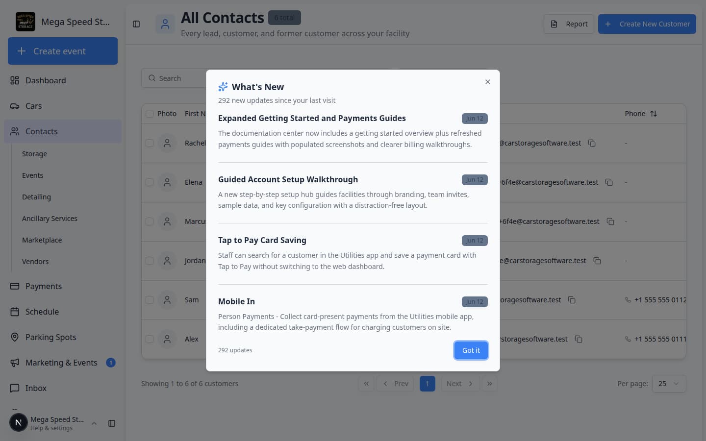Contacts page showing customer records and Create New Customer button in the page header