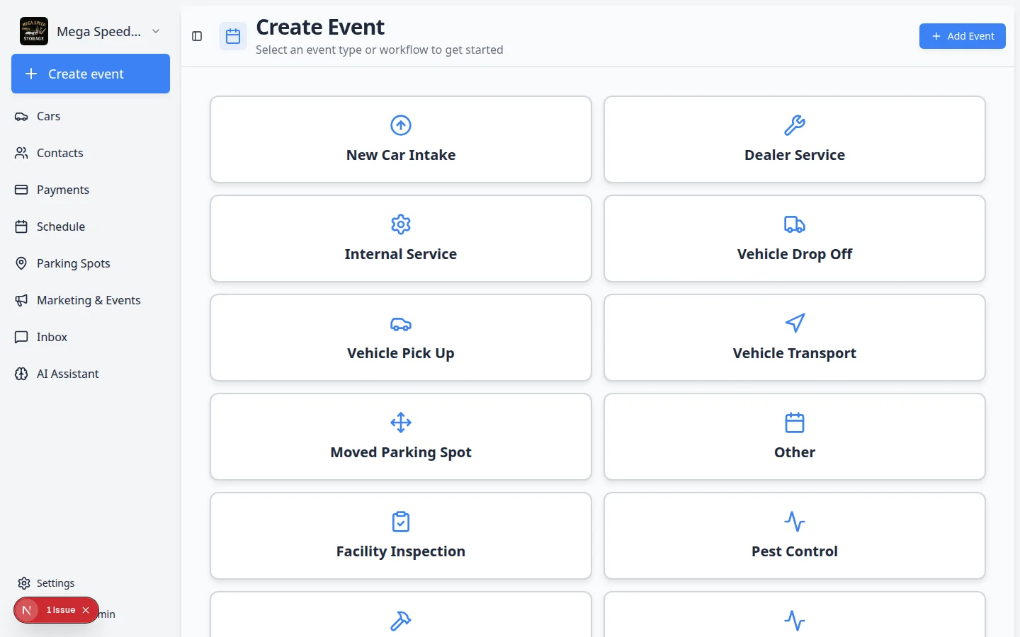 Dashboard home page showing the left sidebar menu and workflow cards in the main area