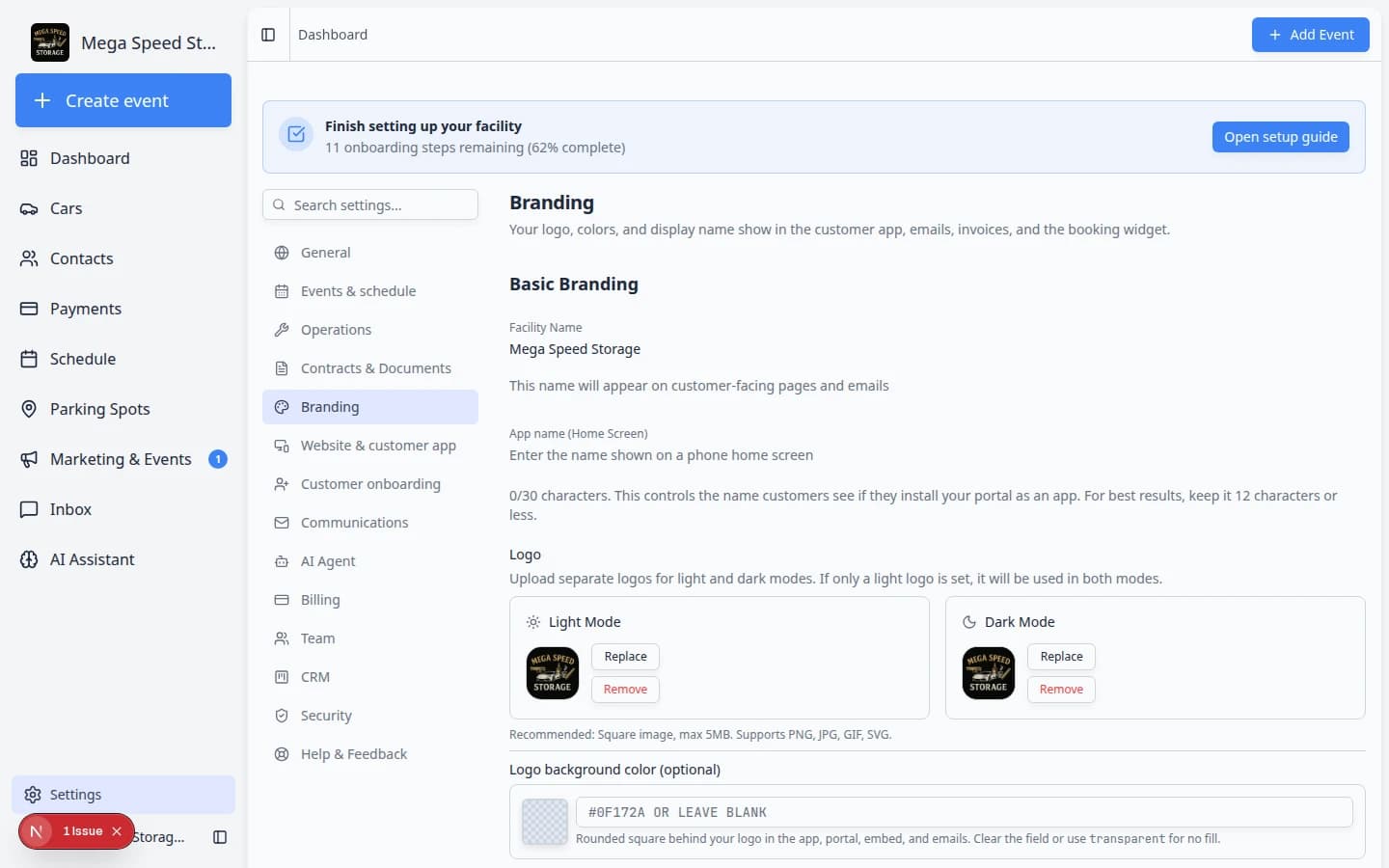 Settings Branding page showing Basic Branding with facility name, app name, and logo upload areas