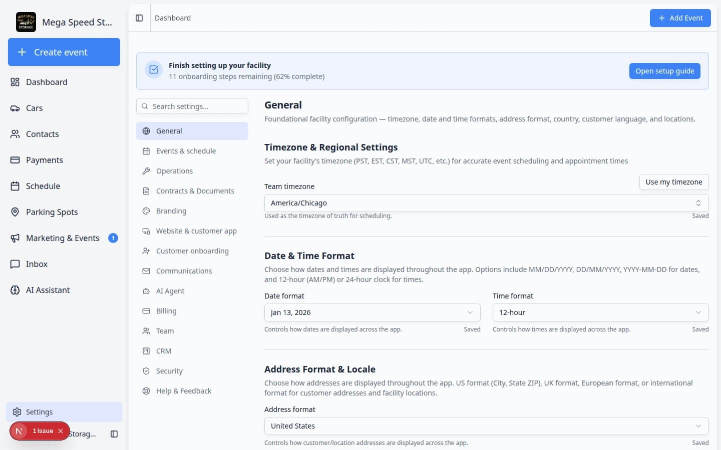 Settings General page showing Timezone and Regional Settings, Date and Time Format, and country options