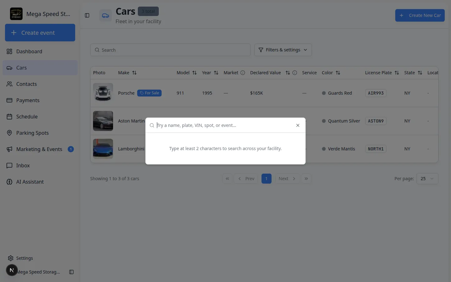 Facility search dialog open with placeholder text asking for at least two characters