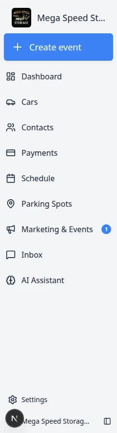Dashboard sidebar showing Create event button at top plus Dashboard Beta, Cars, Contacts, Schedule, Payments, Parking Spots, Marketing and Events, Inbox, AI Assistant, and Settings