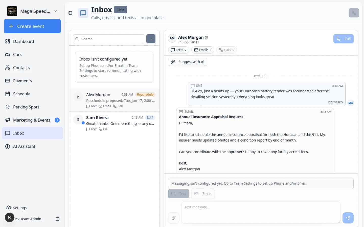Inbox page showing a list of customer conversations on the left and an open message thread on the right