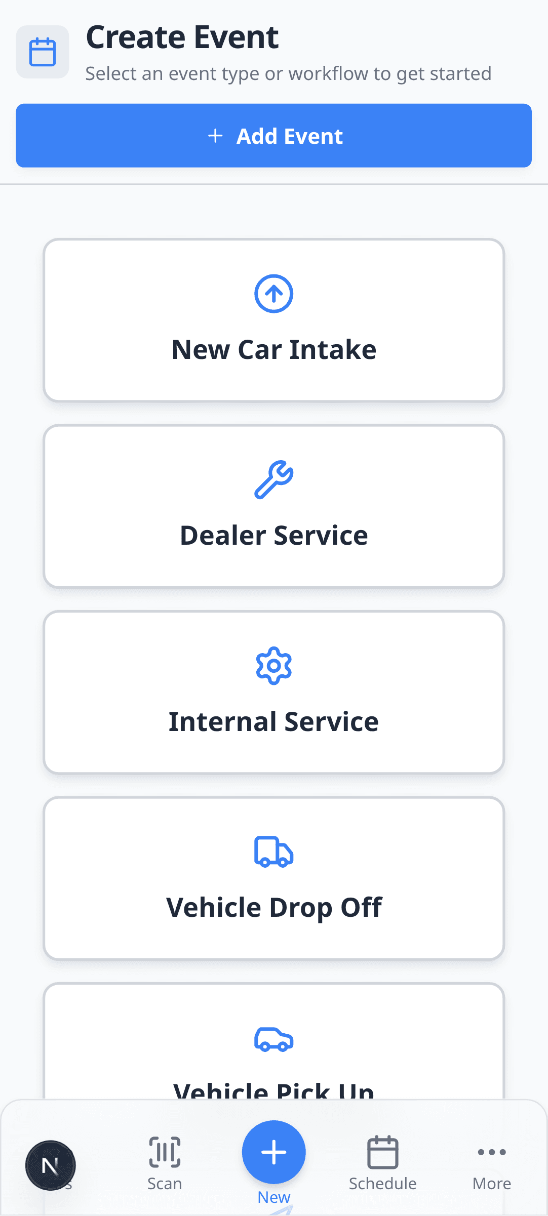 Create event page on an Android-sized phone screen in Chrome showing event type cards