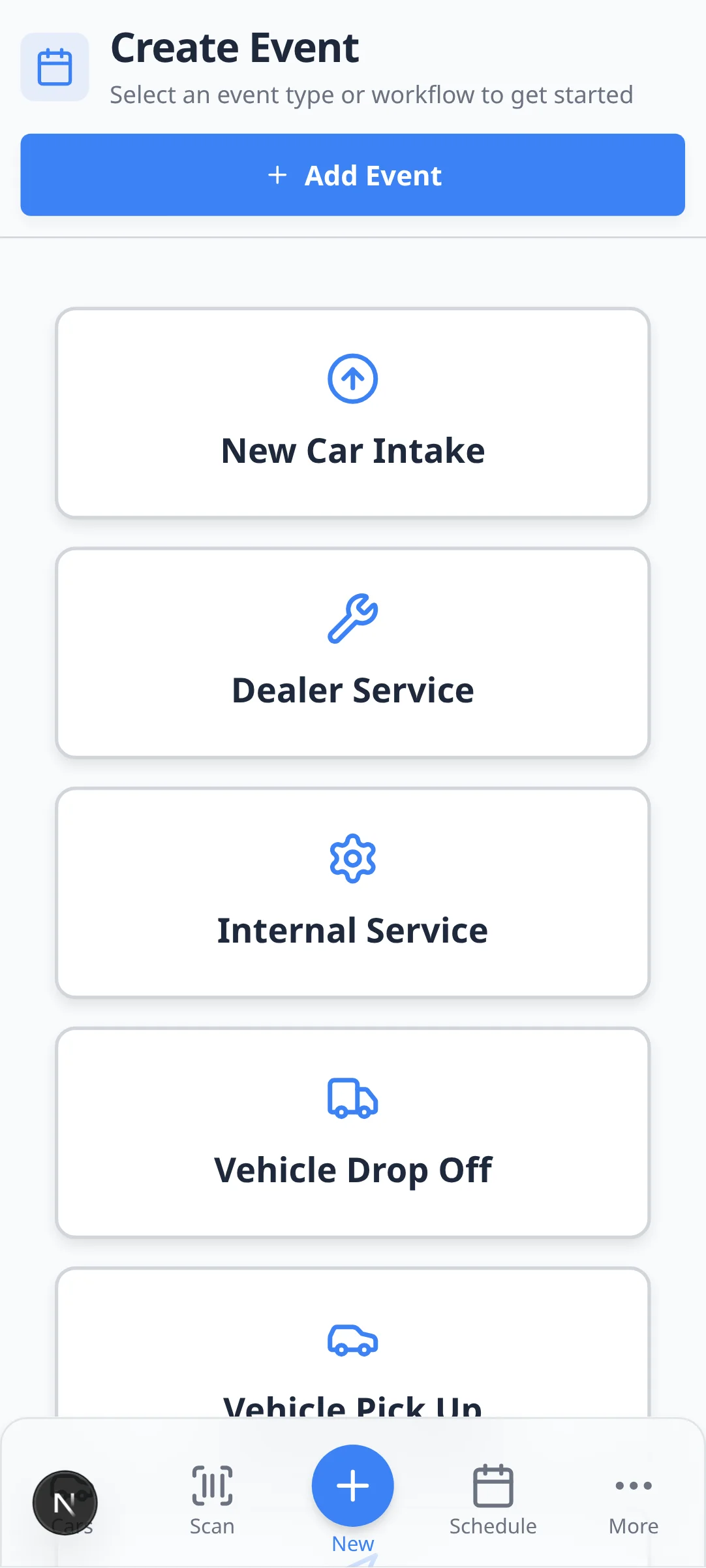 Create event page on an Android-sized phone screen in Chrome showing event type cards