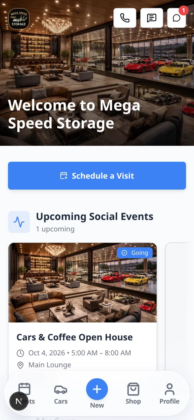 Customer portal home on a phone showing Social Events and My Events with upcoming event cards