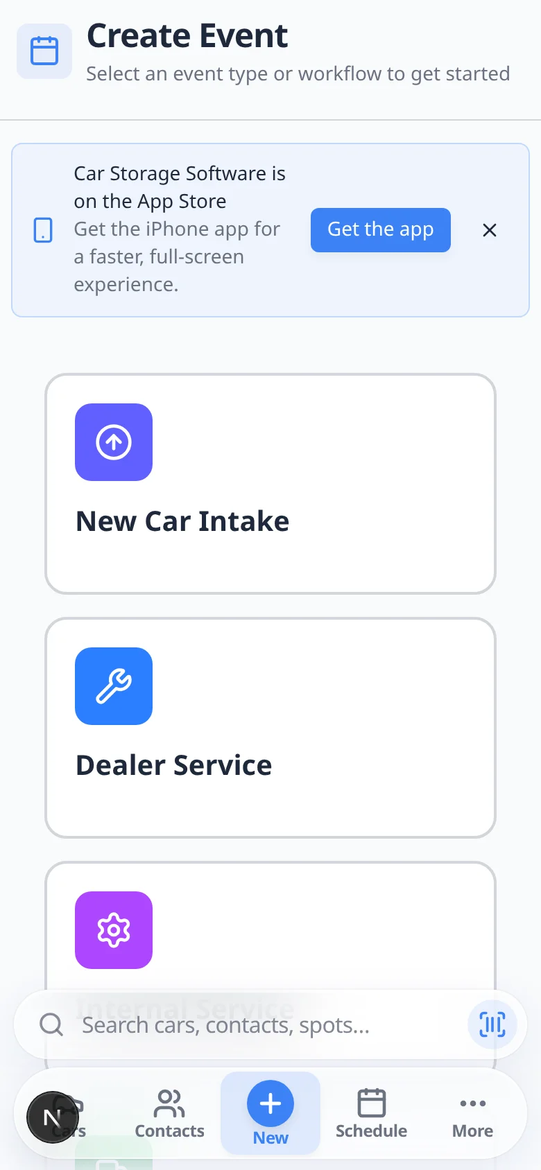 Staff Create event page on an iPhone-sized screen showing event type cards such as Vehicle Drop Off