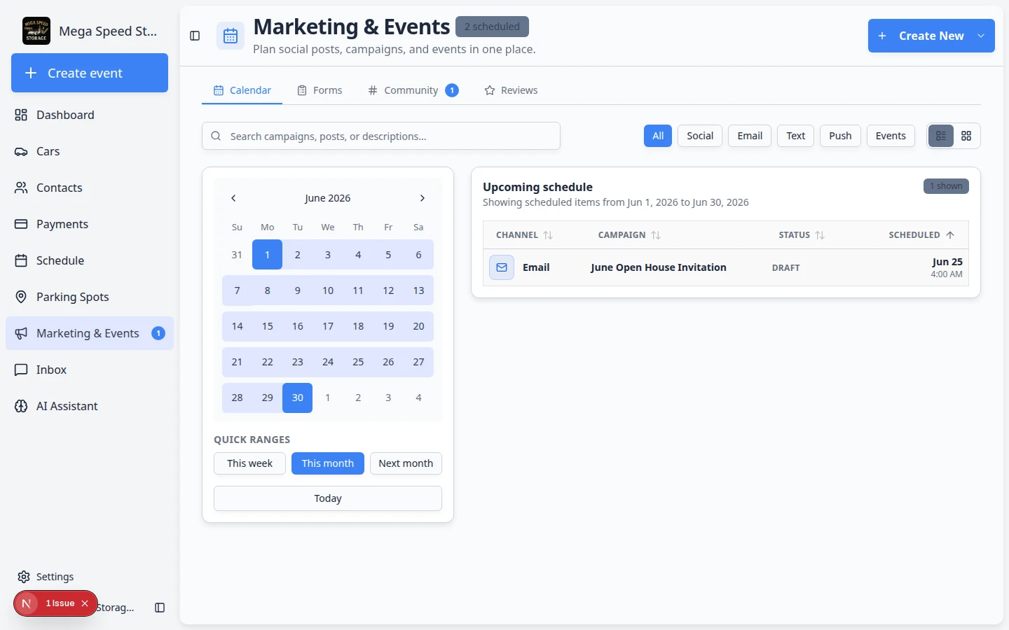 Marketing and Events page showing calendar, campaigns, and social event tools