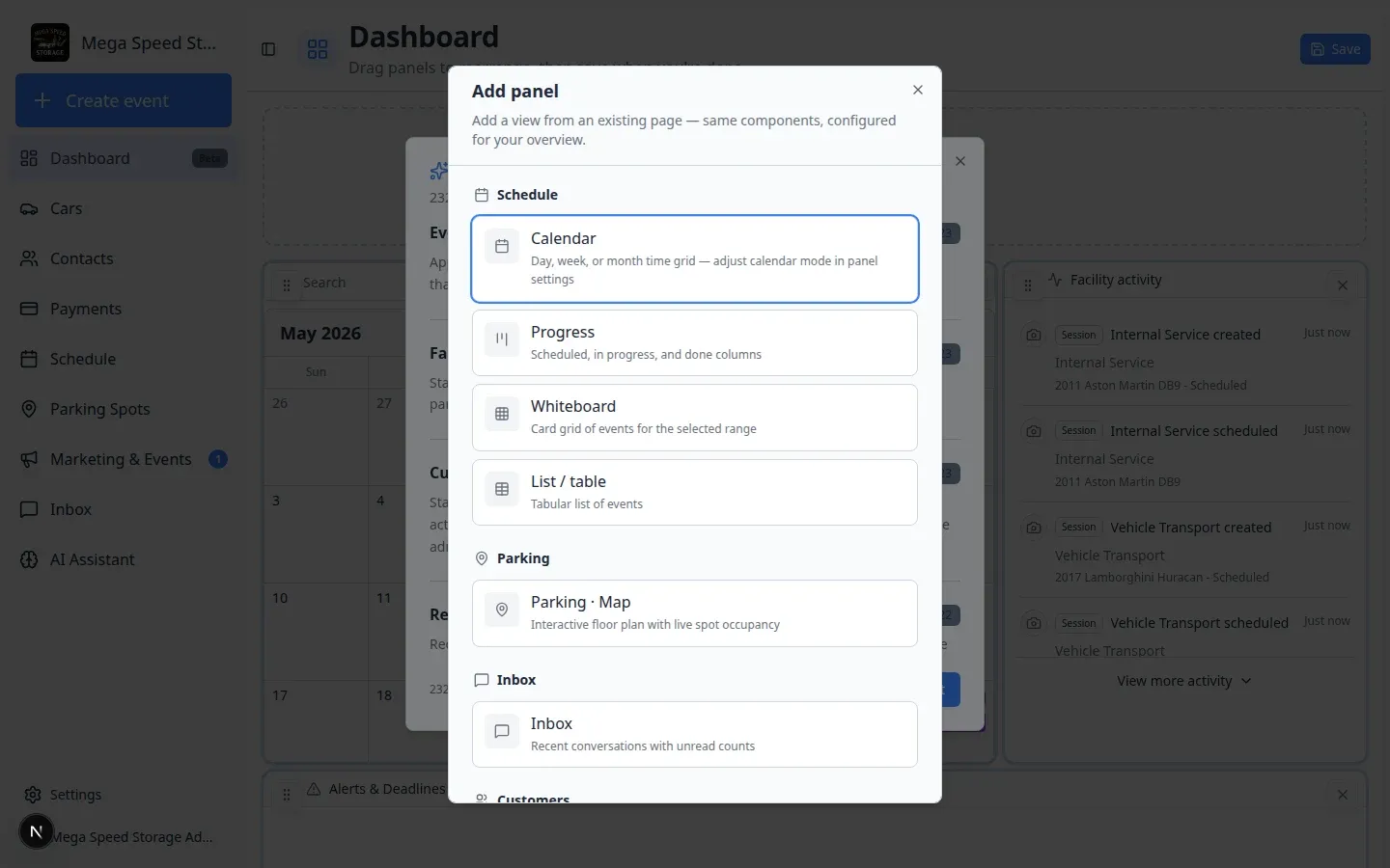 Add panel dialog listing schedule, cars, parking, charts, and shortcut options