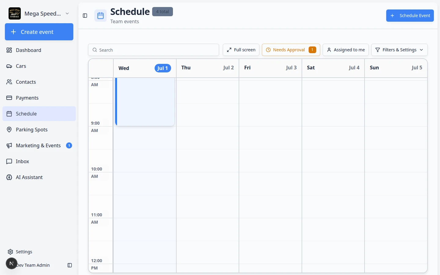 Schedule page showing a calendar week view with color-coded appointments and schedule controls