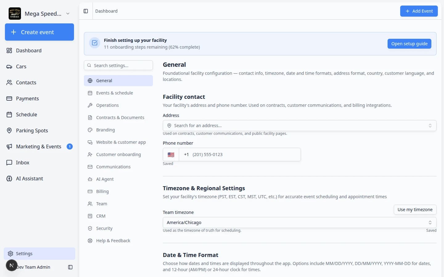 Settings page showing a menu of facility configuration areas such as Branding, General, Team, Billing, and Communications