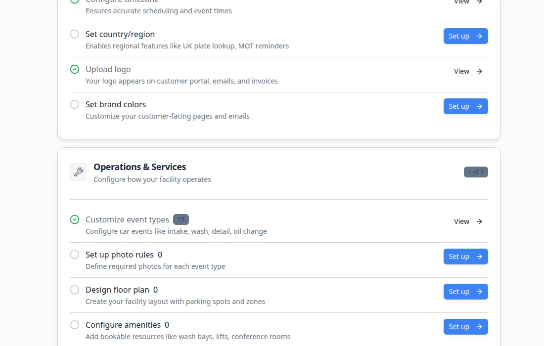 Setup Guide showing setup sections with individual tasks and Set up buttons on the right