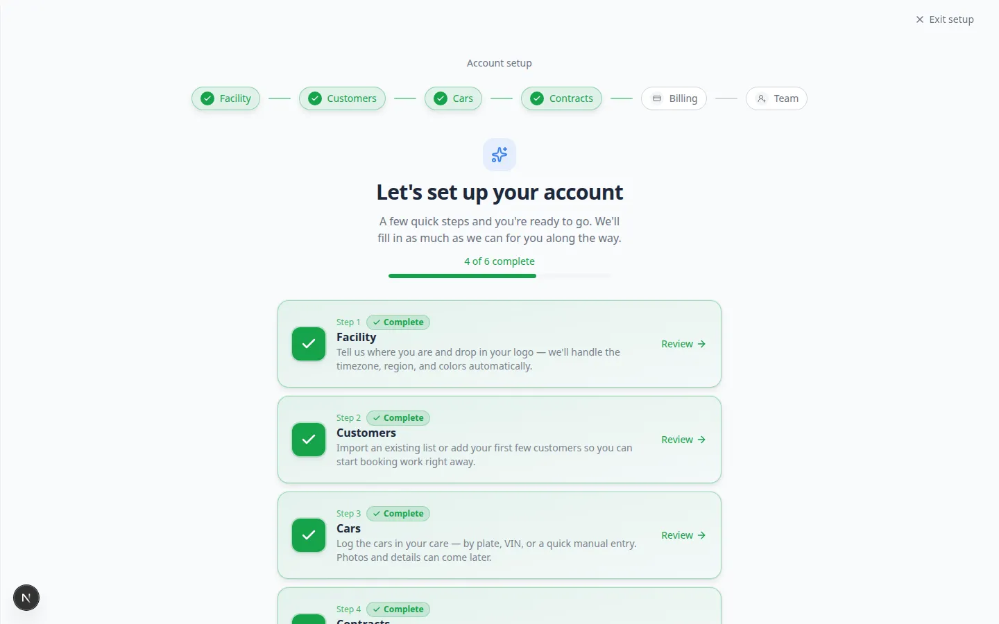 Setup Guide page showing Setup Progress percentage at the top and grouped setup sections with Set up buttons