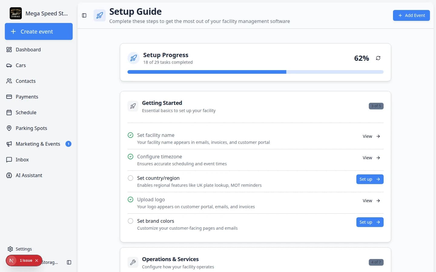 Setup Guide page showing setup progress percentage and grouped setup tasks with Set up buttons