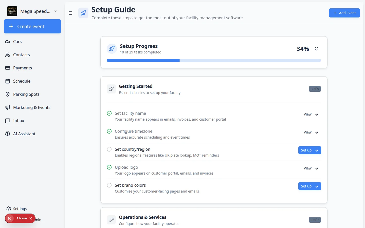 Setup Guide page showing Setup Progress at the top and grouped setup sections below