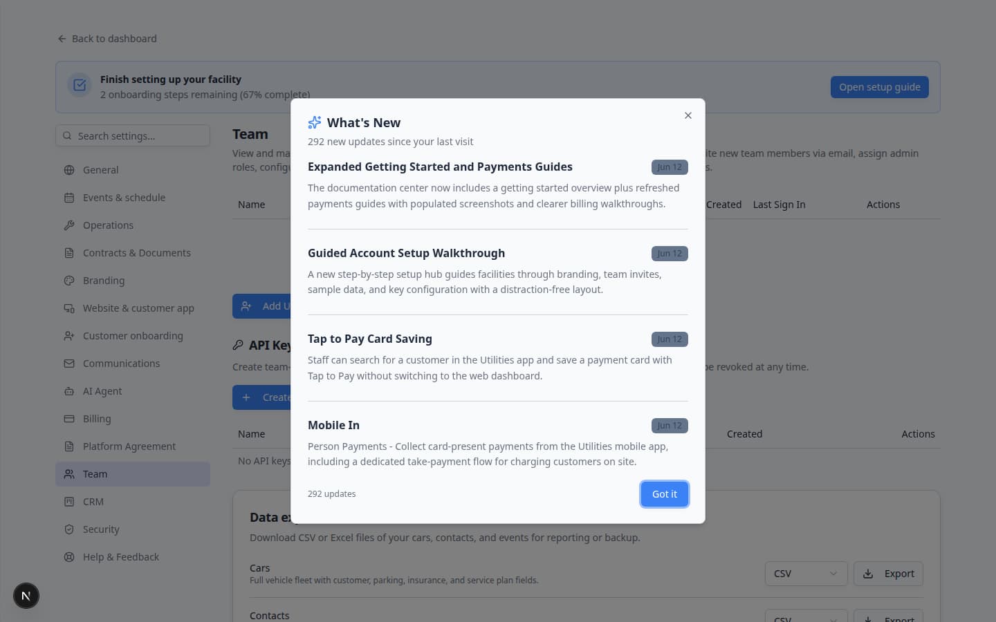 Settings Team page showing Default dashboard layout section with widget grid preview
