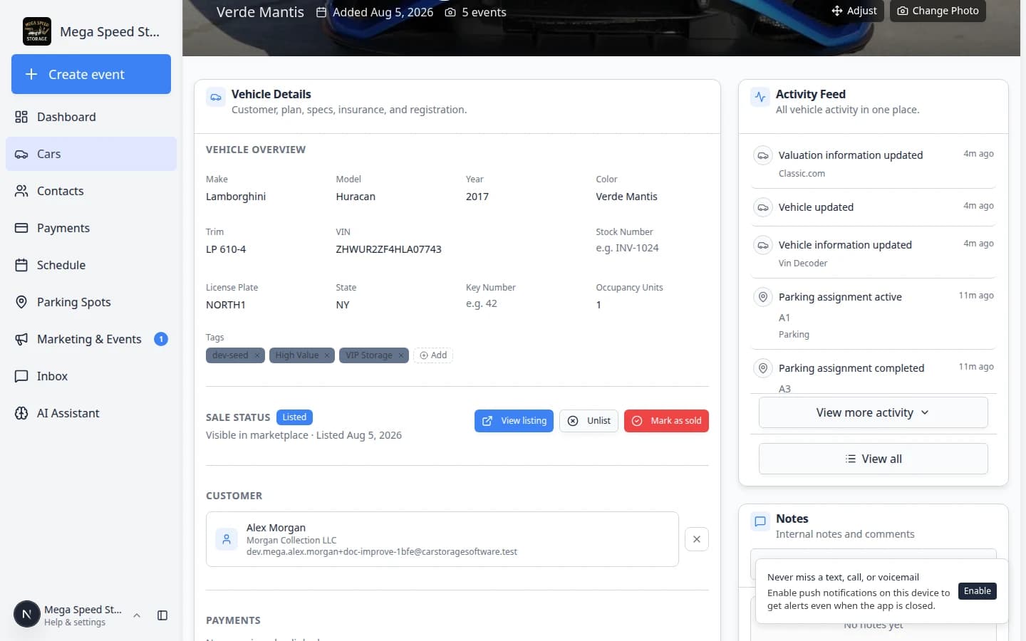 Add menu on a car detail page showing Create event, Quick task, Quick photo, and Upload document